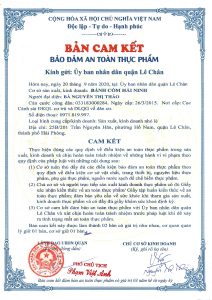 Bản cam kết đảm bảo an toàn thực phẩm thương hiệu Bánh Cốm Hải Ninh